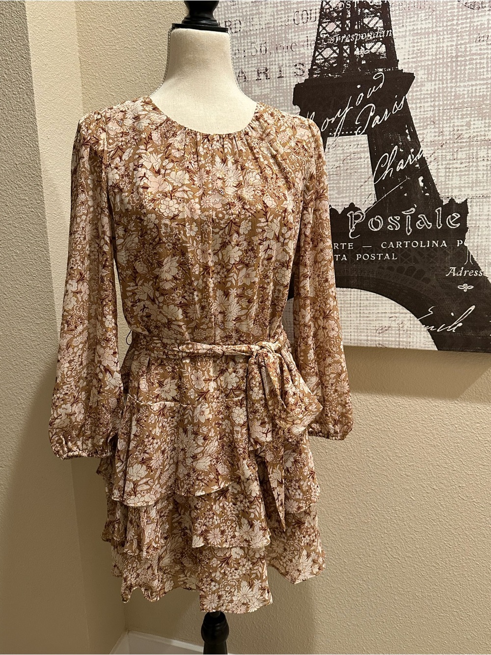 Express Floral Overlay dress in Tan, burgundy & White